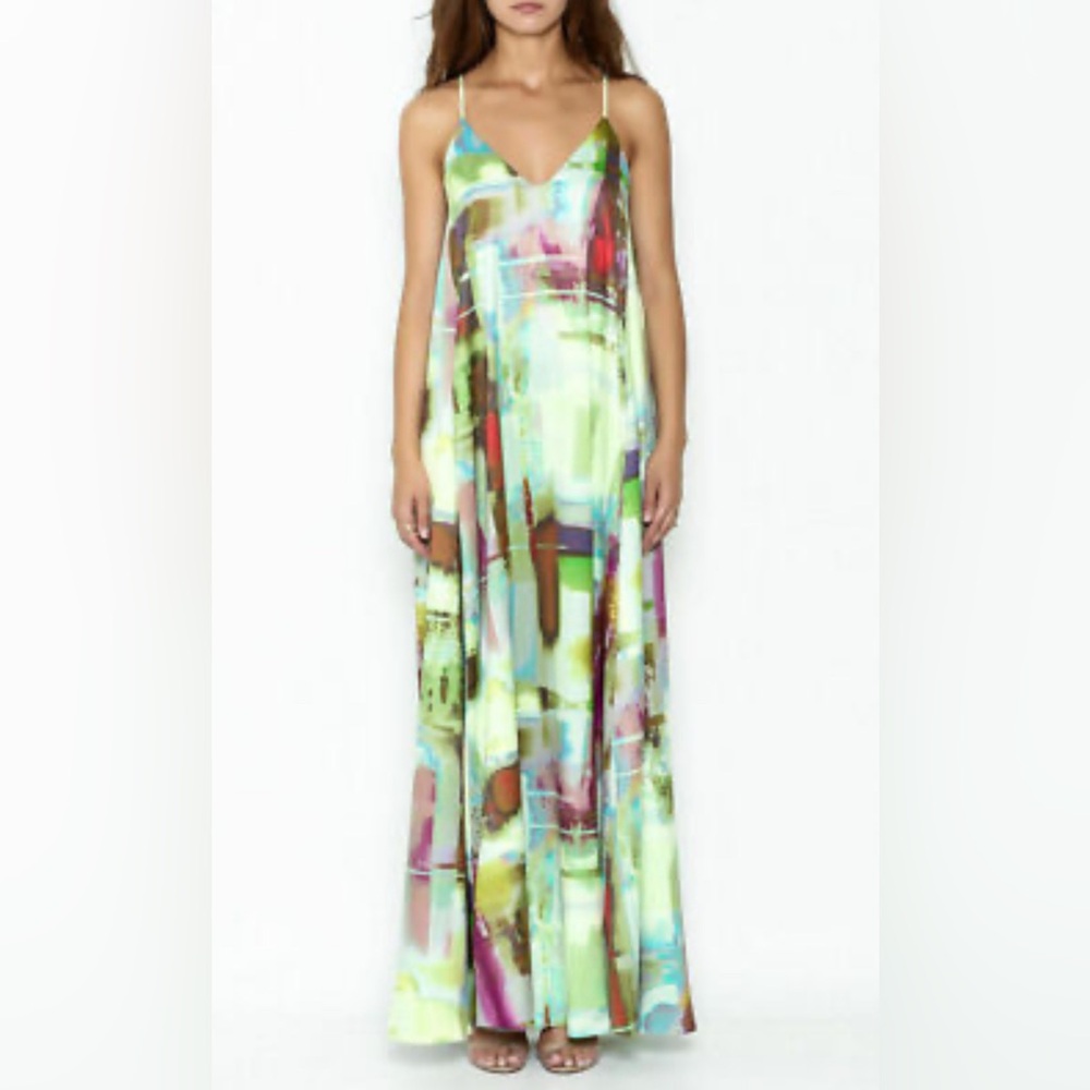 Abstract Watercolor V-Neck Slip Maxi Dress - Multicolor